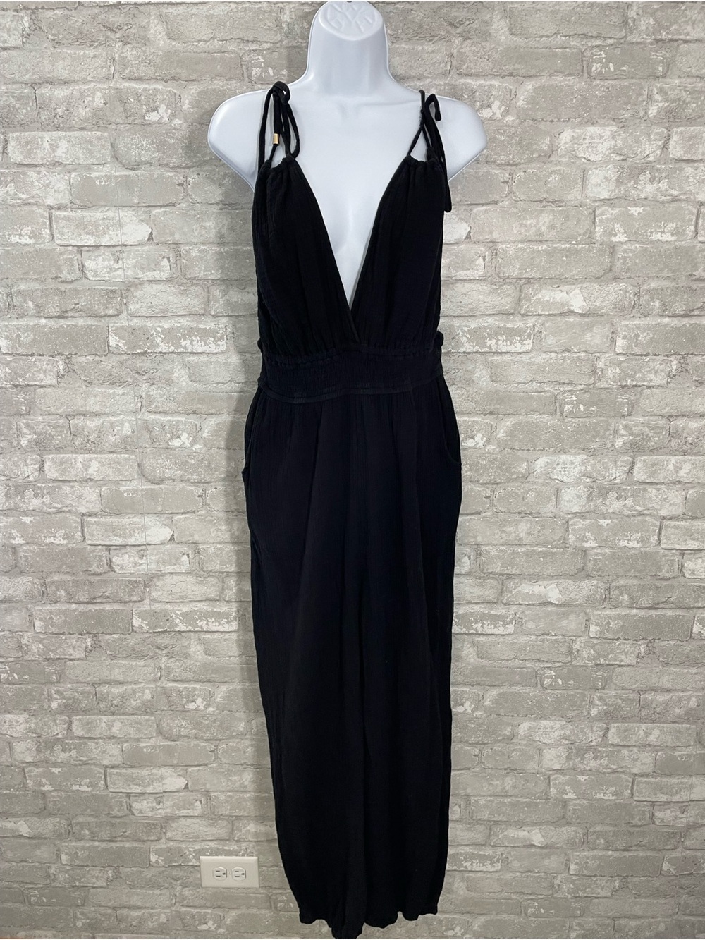 Aakaa Black Deep V-Strap Gauzy Jumpsuit with Tie Shoulders